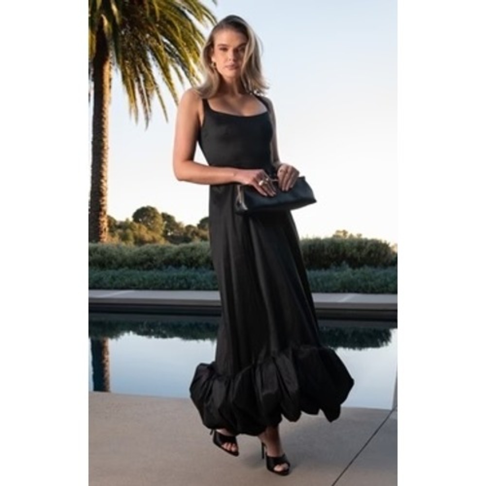 Black Square Neck Bubble Hem Maxi Dress Smocked Back Formal Evening Gown